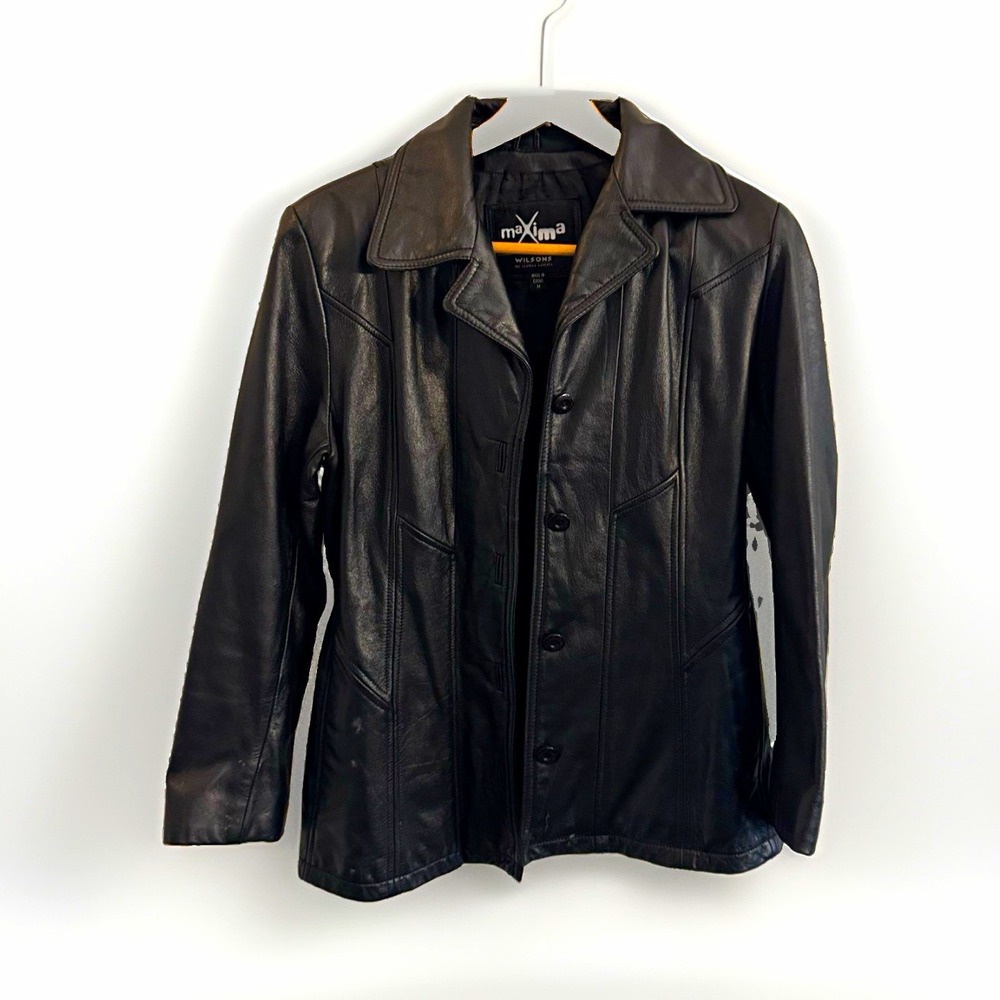Maxima Wilsons Women's M Leather Black Jacket Button Front Collared